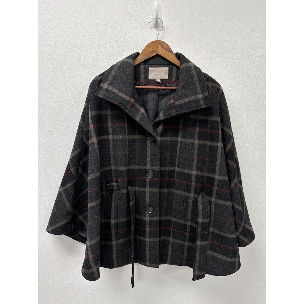 Banana Republic Wool Blend Dark Plaid Belted Cape M